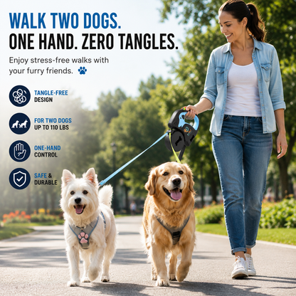 Dual Dog Retractable Leash with LED Light & Tangle-Free Swivel | Double Dog Walking Lead