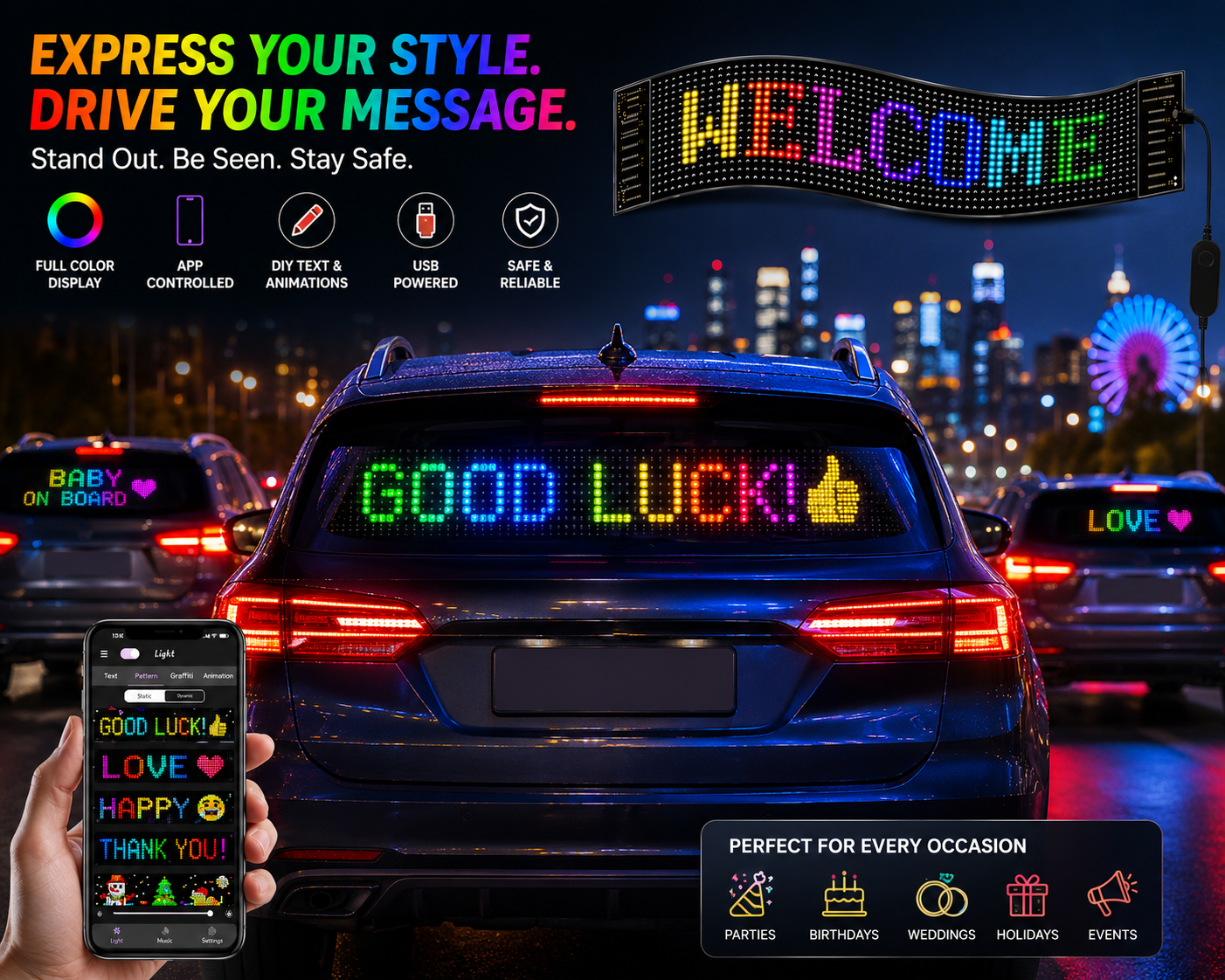 Flexible RGB LED Car Display Sign | App-Controlled Programmable LED Message Board