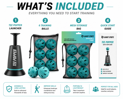 Tee Popper Baseball Training Set with 6 EVA Practice Balls | Solo Hitting Trainer for Kids