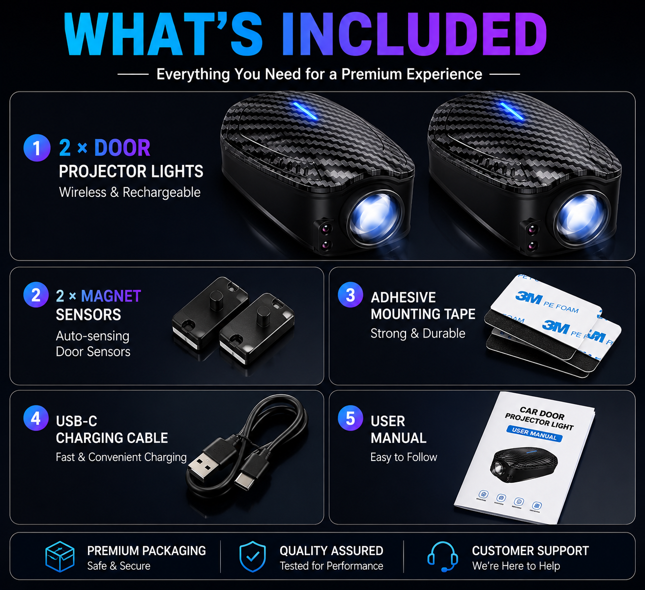 Wireless Car Door Logo Projector Lights (2PCS) | Rechargeable LED Courtesy Welcome Lights