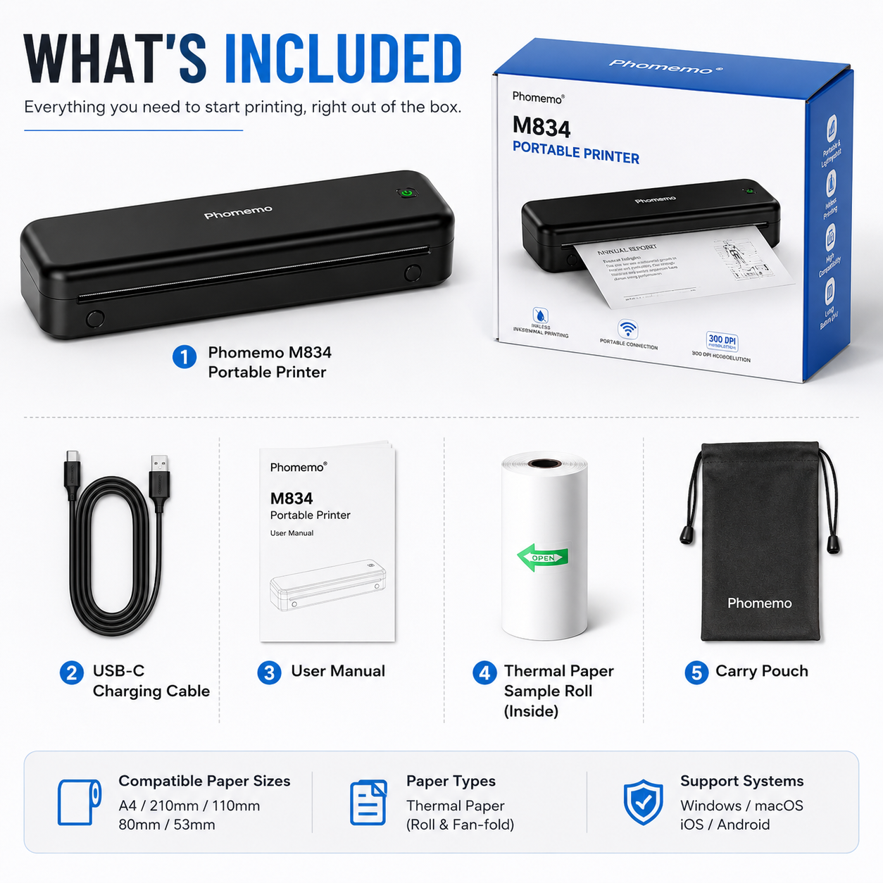 Phomemo M834 Portable Wireless Thermal Printer | Inkless Bluetooth Printer for Mobile & Laptop