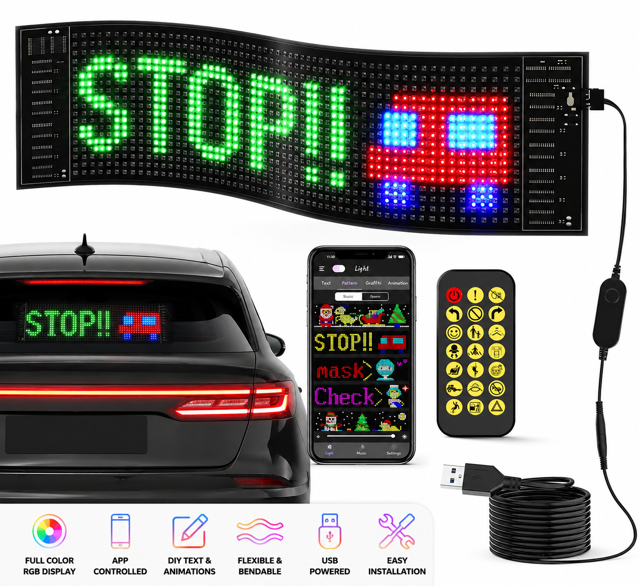 Flexible RGB LED Car Display Sign | App-Controlled Programmable LED Message Board