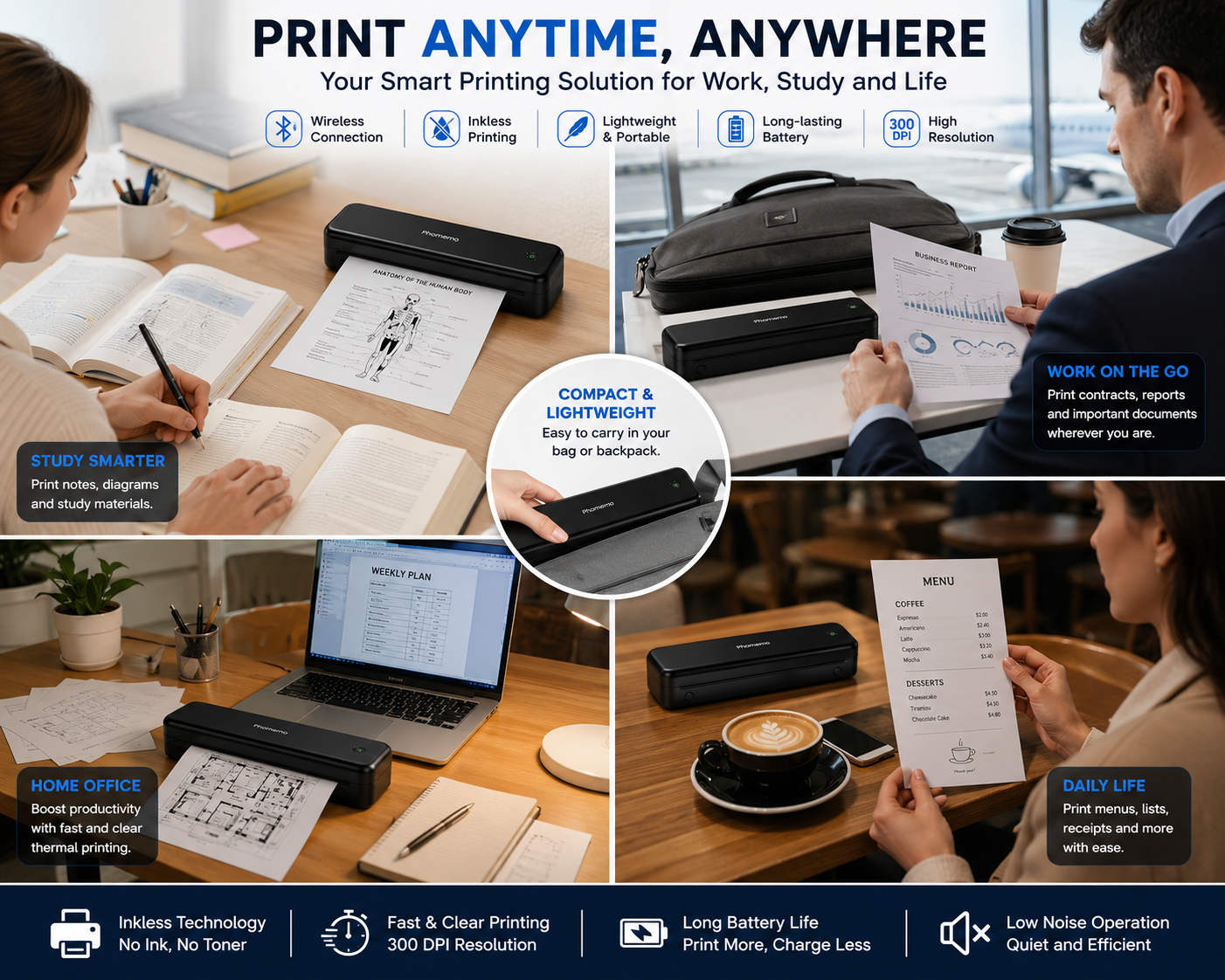 Phomemo M834 Portable Wireless Thermal Printer | Inkless Bluetooth Printer for Mobile & Laptop