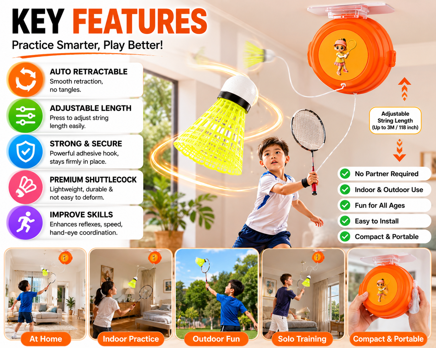 Solo Badminton Trainer Set with Retractable Shuttlecock | Indoor & Outdoor Self-Practice Training Kit