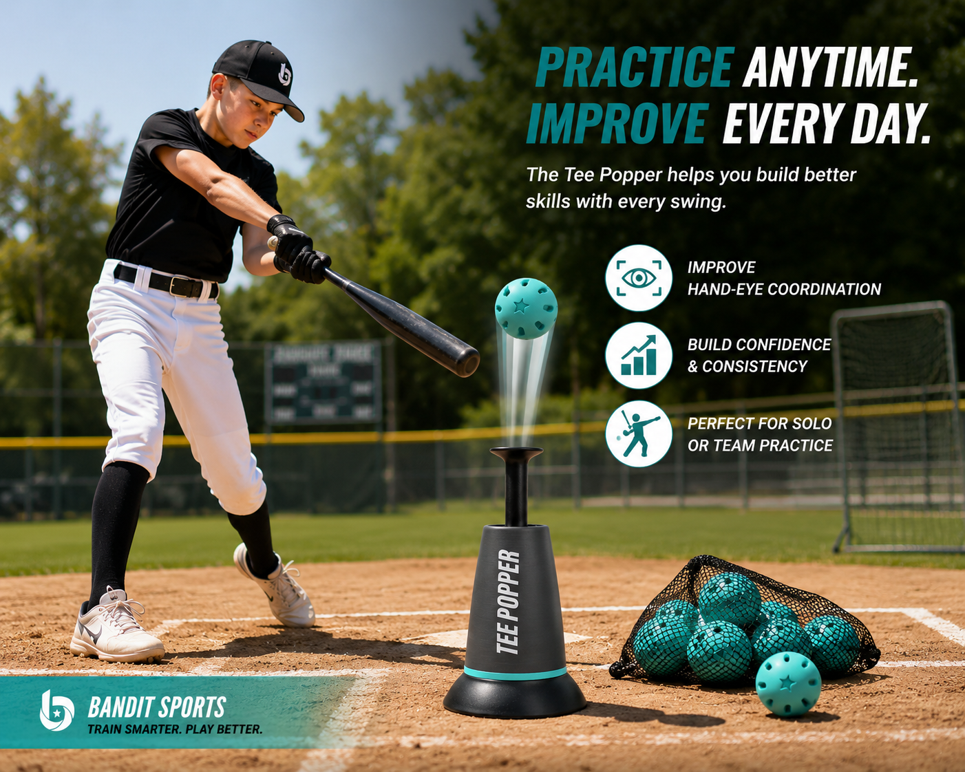 Tee Popper Baseball Training Set with 6 EVA Practice Balls | Solo Hitting Trainer for Kids