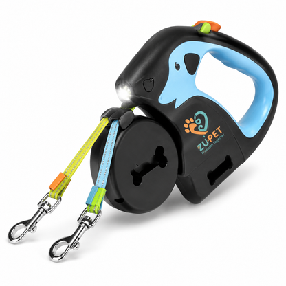 Dual Dog Retractable Leash with LED Light & Tangle-Free Swivel | Double Dog Walking Lead