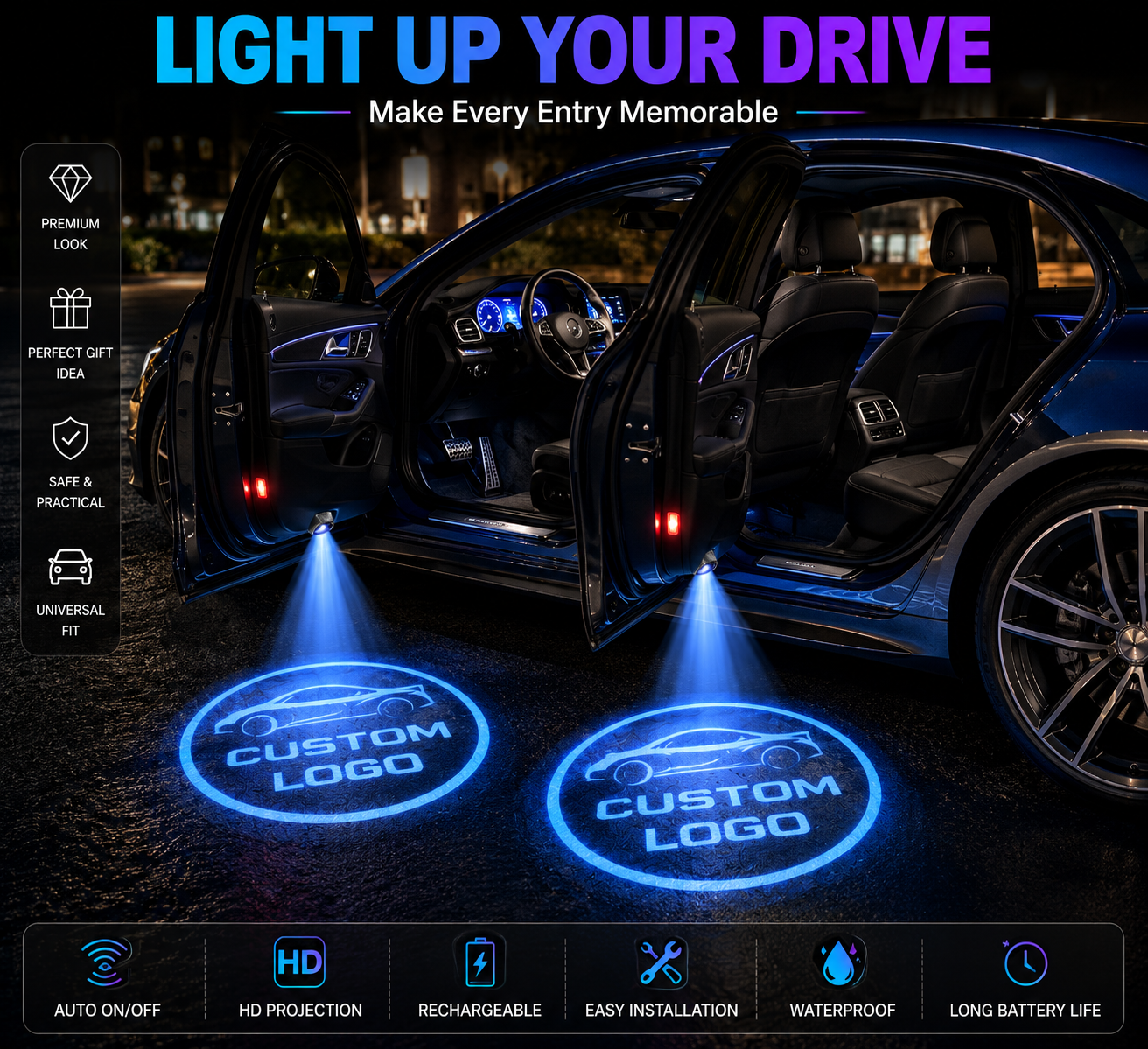 Wireless Car Door Logo Projector Lights (2PCS) | Rechargeable LED Courtesy Welcome Lights