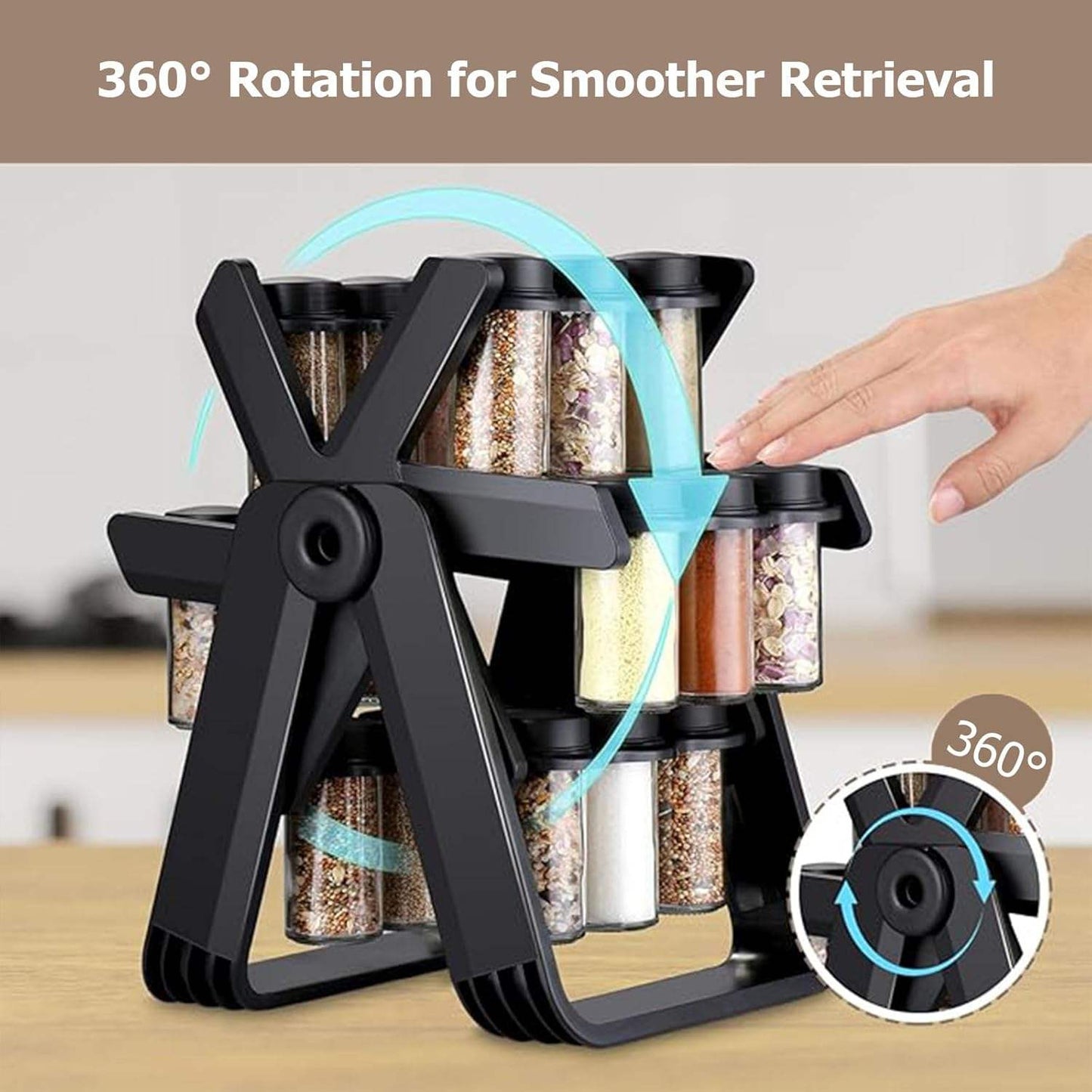 Rotating Spice Rack Set with Glass Spice Jars | 360° Kitchen Countertop Organizer