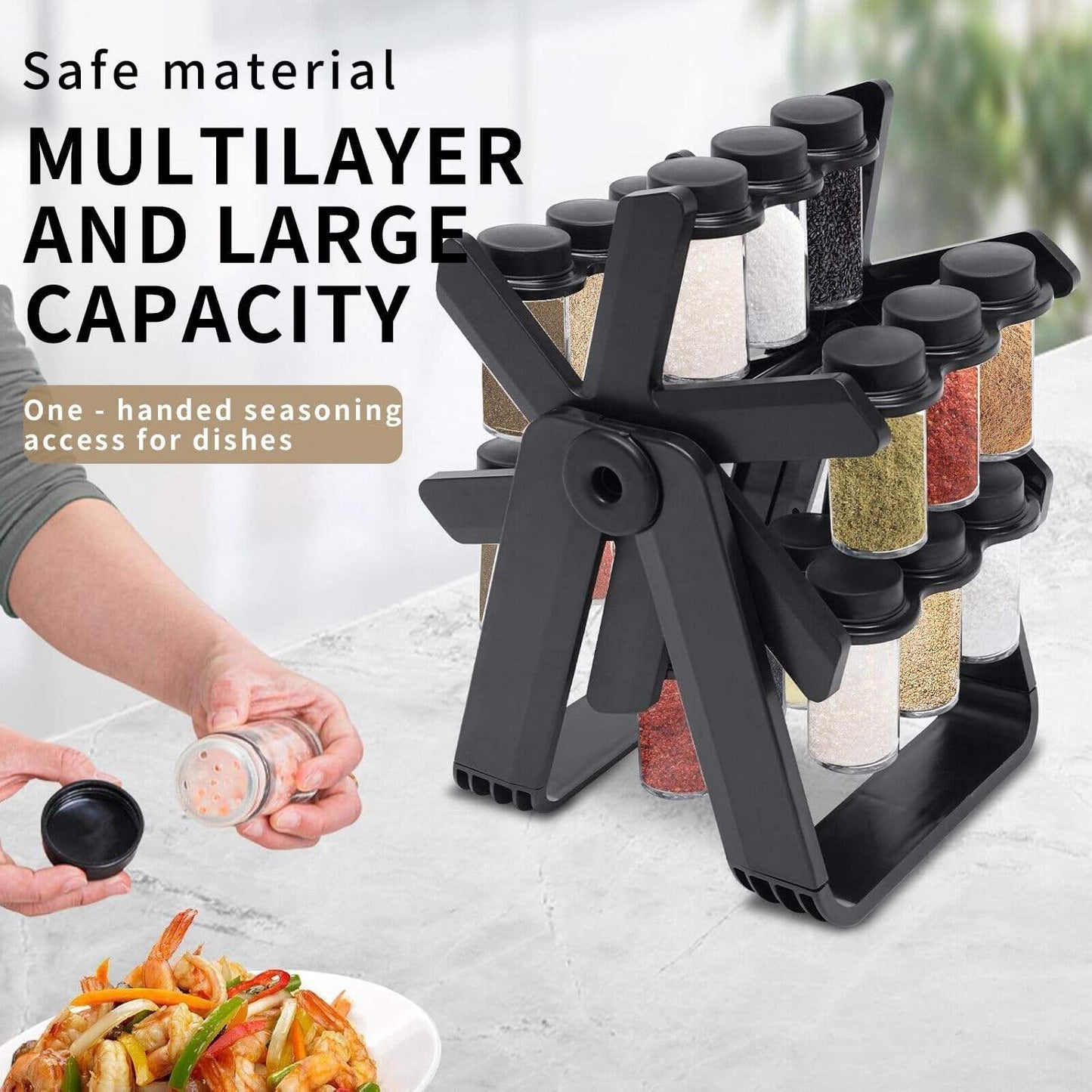 Rotating Spice Rack Set with Glass Spice Jars | 360° Kitchen Countertop Organizer