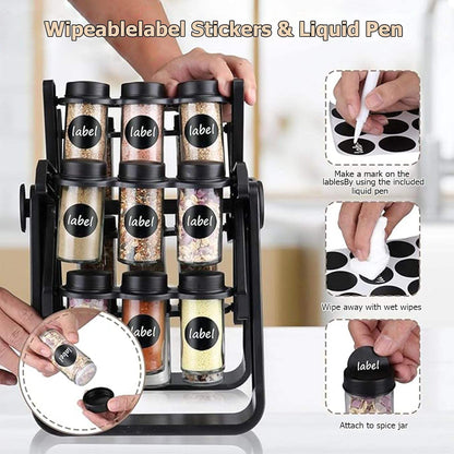 Rotating Spice Rack Set with Glass Spice Jars | 360° Kitchen Countertop Organizer
