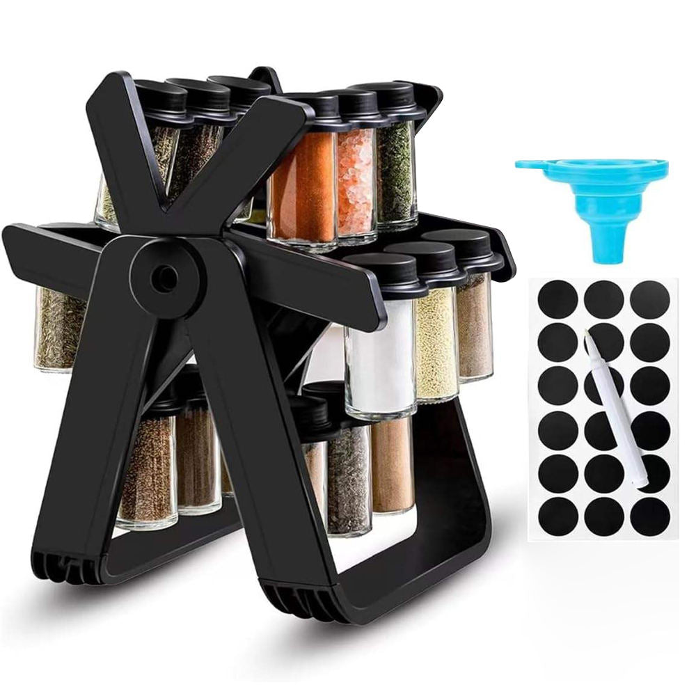 Rotating Spice Rack Set with Glass Spice Jars | 360° Kitchen Countertop Organizer