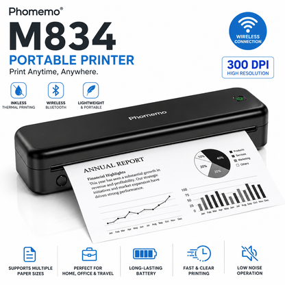 Phomemo M834 Portable Wireless Thermal Printer | Inkless Bluetooth Printer for Mobile & Laptop