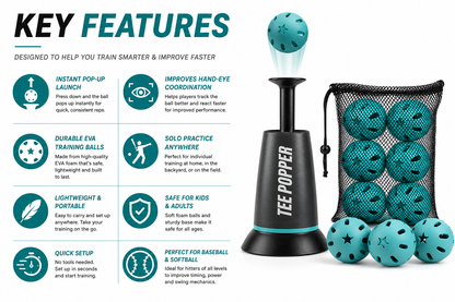 Tee Popper Baseball Training Set with 6 EVA Practice Balls | Solo Hitting Trainer for Kids