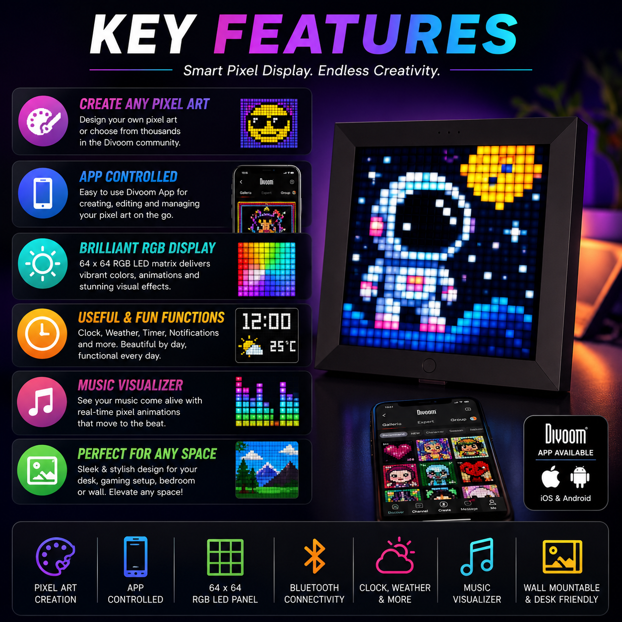 Divoom Pixoo Pixel Display Smart LED Wall Art & Digital Photo Frame with App Control