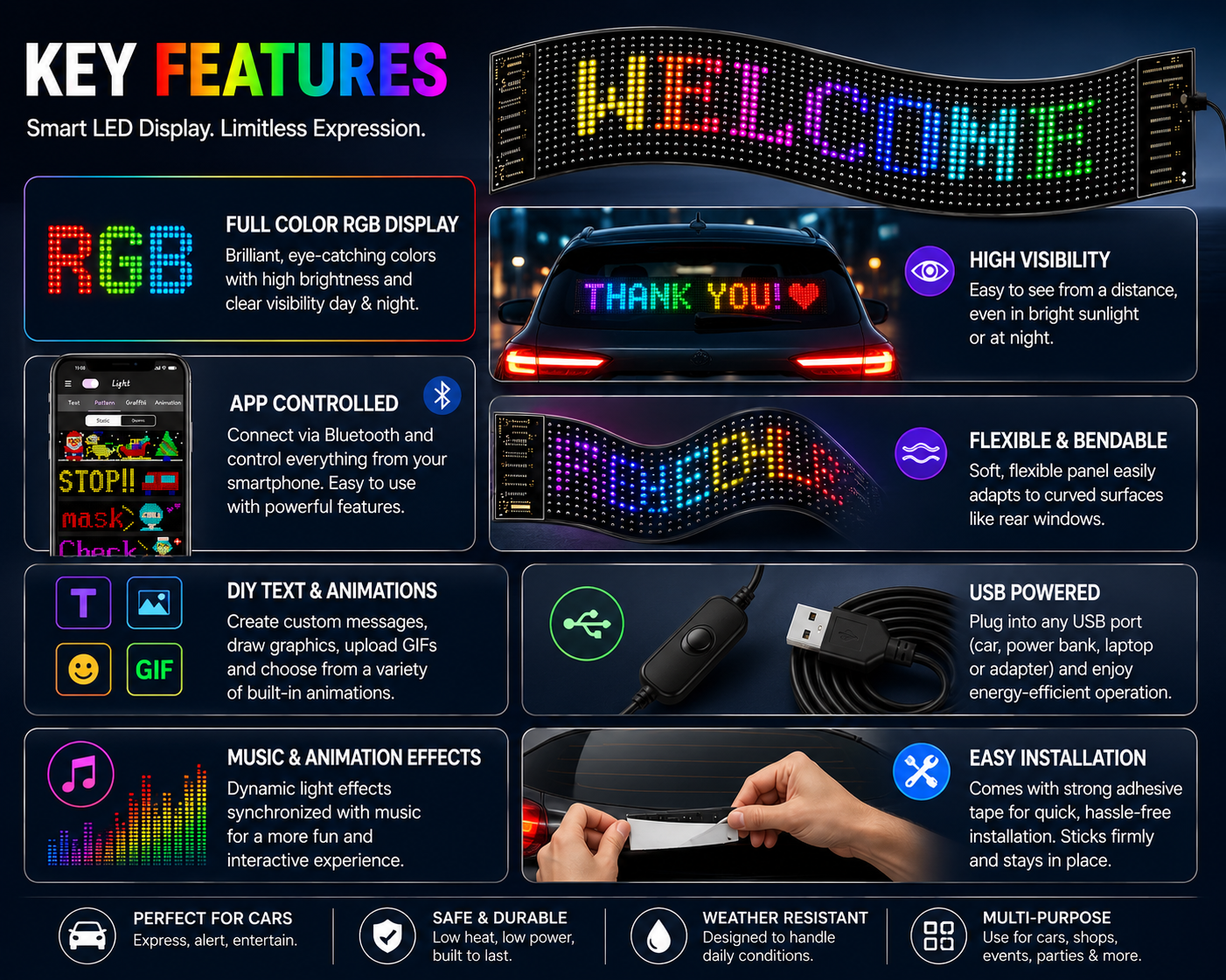 Flexible RGB LED Car Display Sign | App-Controlled Programmable LED Message Board