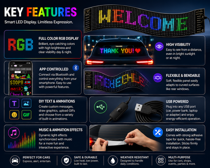 Flexible RGB LED Car Display Sign | App-Controlled Programmable LED Message Board