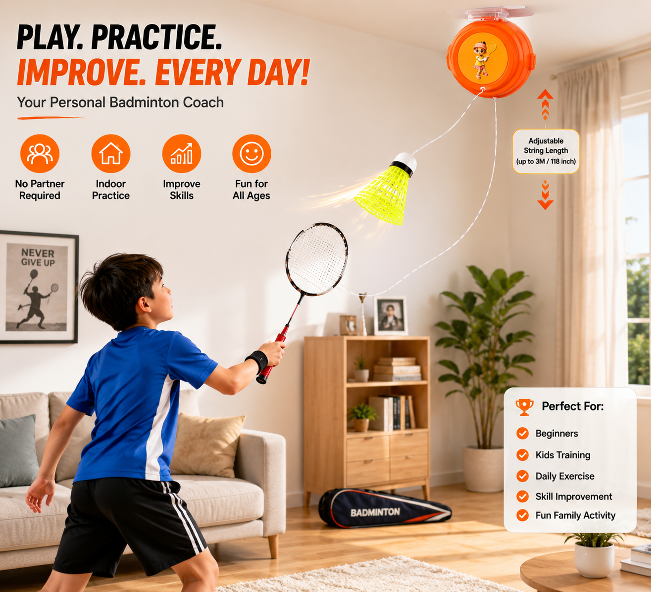 Solo Badminton Trainer Set with Retractable Shuttlecock | Indoor & Outdoor Self-Practice Training Kit